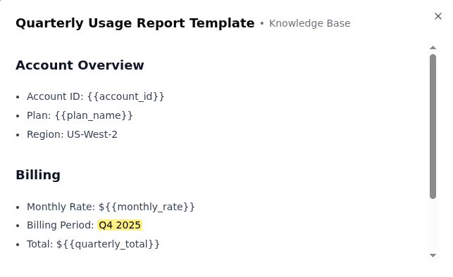 Quarterly Usage Report Template showing hardcoded Q4 2025 date